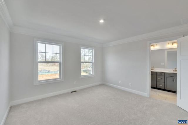 750 Park Ridge Dr, Crozet, VA 22932 - unfurnished bedroom with ornamental molding, light colored carpet, baseboards, and a sink