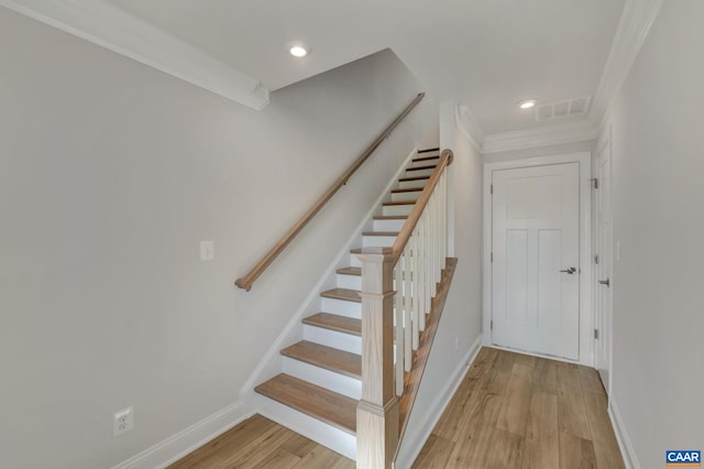 750 Park Ridge Dr, Crozet, VA 22932 - staircase with wood finished floors, baseboards, ornamental molding, and recessed lighting
