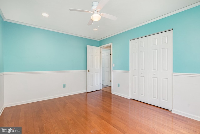 351 Point To Point Rd, Bel Air, MD 21015 - unfurnished bedroom featuring crown molding, wood finished floors, a closet, ceiling fan, and recessed lighting