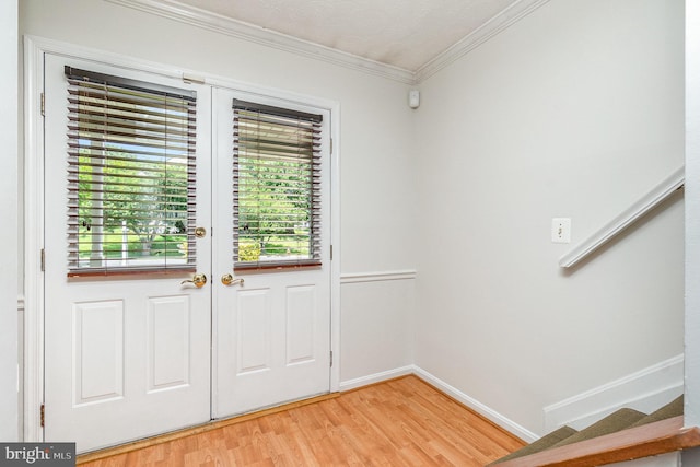 351 Point To Point Rd, Bel Air, MD 21015 - entryway featuring light wood-style flooring, ornamental molding, french doors, stairs, and baseboards
