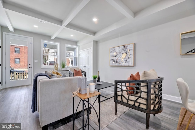 1121 48th Pl NE, Washington, DC 20019 - living area featuring beamed ceiling, wood finished floors, baseboards, and recessed lighting
