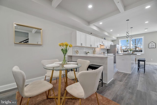 1121 48th Pl NE, Washington, DC 20019 - dining space with wood finished floors, recessed lighting, baseboards, and beamed ceiling