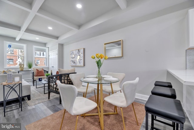 1121 48th Pl NE, Washington, DC 20019 - dining space with beam ceiling, wood finished floors, recessed lighting, coffered ceiling, and baseboards