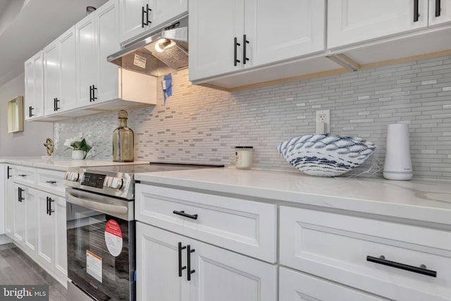 1121 48th Pl NE, Washington, DC 20019 - kitchen featuring stainless steel electric range oven, under cabinet range hood, white cabinets, and tasteful backsplash