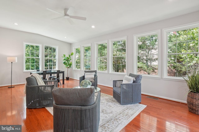 25487 Dabner Dr, Chantilly, VA 20152 - living room featuring ceiling fan, wood-type flooring, baseboards, lofted ceiling, and recessed lighting