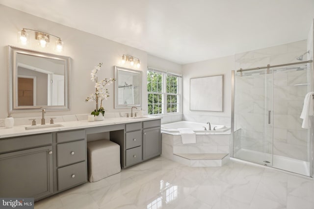 25487 Dabner Dr, Chantilly, VA 20152 - bathroom with a bath, double vanity, marble look tiles, and a stall shower