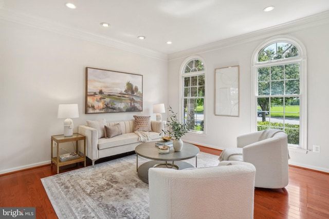 25487 Dabner Dr, Chantilly, VA 20152 - living area with baseboards, healthy amount of natural light, crown molding, wood finished floors, and recessed lighting