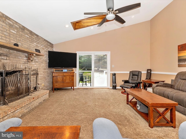 4024 Roop Rd, New Windsor, MD 21776 - carpeted living room featuring ceiling fan, a skylight, lofted ceiling, a brick fireplace, and recessed lighting