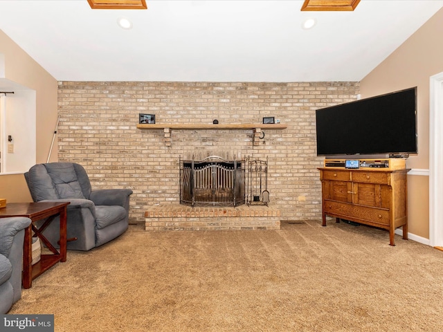 4024 Roop Rd, New Windsor, MD 21776 - carpeted living room with a fireplace, lofted ceiling, and baseboards