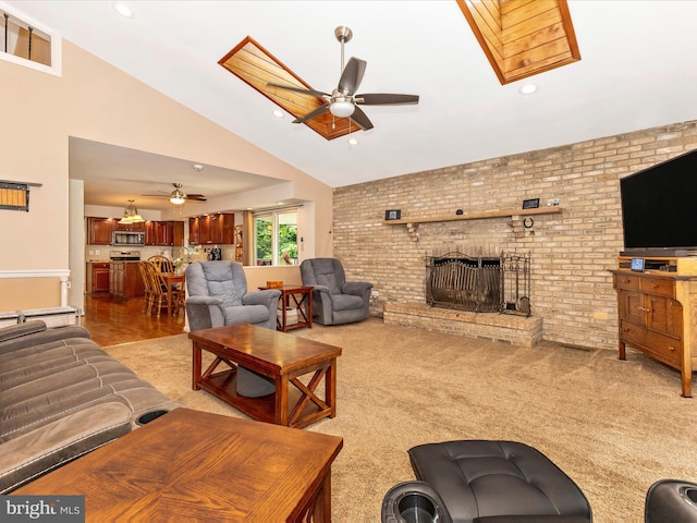 4024 Roop Rd, New Windsor, MD 21776 - living room featuring a ceiling fan, a fireplace, and high vaulted ceiling