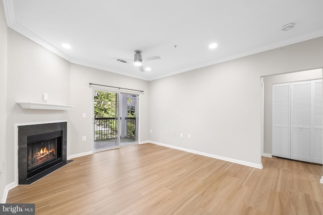 11345 Aristotle Dr Unit 6-311, Fairfax, VA 22030 - unfurnished living room with light wood finished floors, crown molding, a fireplace with flush hearth, a ceiling fan, and recessed lighting