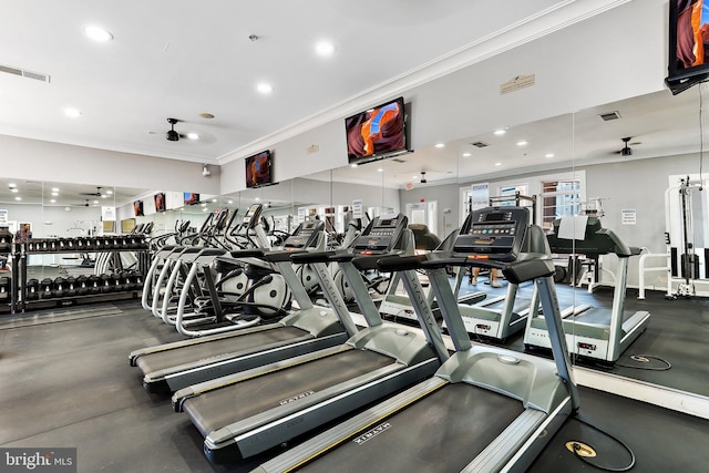 11345 Aristotle Dr Unit 6-311, Fairfax, VA 22030 - workout area featuring crown molding, recessed lighting, and ceiling fan