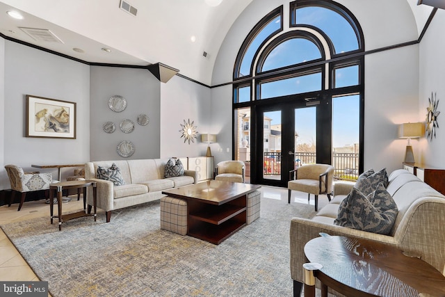 11345 Aristotle Dr Unit 6-311, Fairfax, VA 22030 - tiled living area with high vaulted ceiling, french doors, and recessed lighting