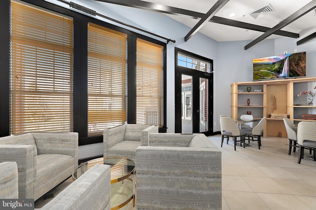 11345 Aristotle Dr Unit 6-311, Fairfax, VA 22030 - living room featuring beamed ceiling and tile patterned flooring