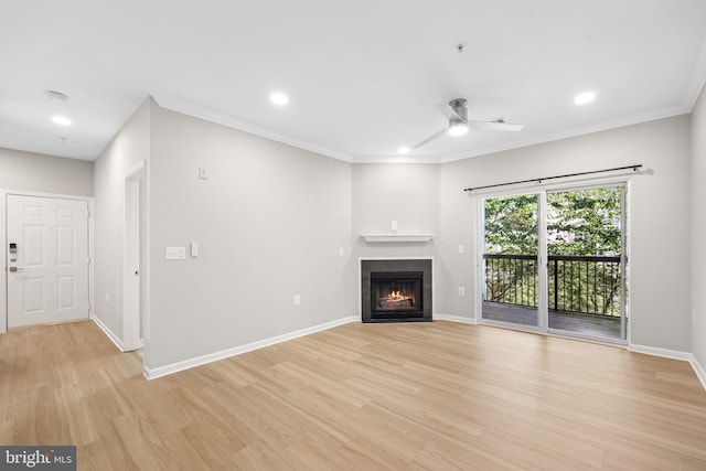 11345 Aristotle Dr Unit 6-311, Fairfax, VA 22030 - unfurnished living room featuring light wood-type flooring, a fireplace with flush hearth, recessed lighting, a ceiling fan, and baseboards