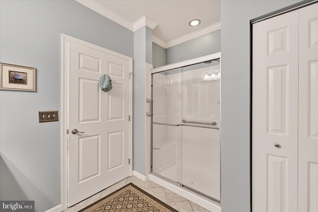 4503-J Dunton Ter, Perry Hall, MD 21128 - bathroom with ornamental molding, a stall shower, baseboards, and recessed lighting