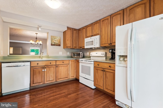 9175 Forest Lawn Ct, Springfield, VA 22152 - kitchen with white appliances, dark wood-type flooring, a textured ceiling, brown cabinetry, and a sink