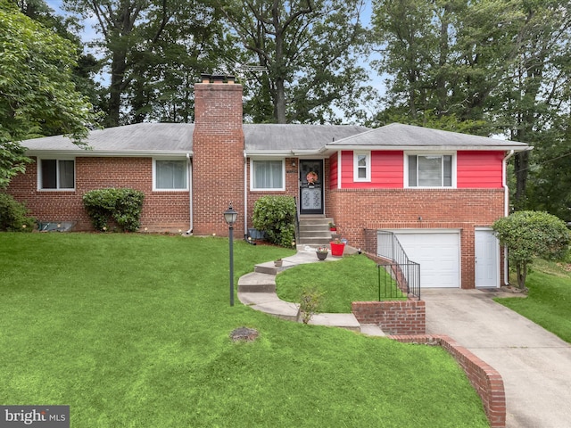 3807 24th Ave, Temple Hills, MD 20748 - ranch-style home with brick siding, an attached garage, concrete driveway, a chimney, and a front lawn