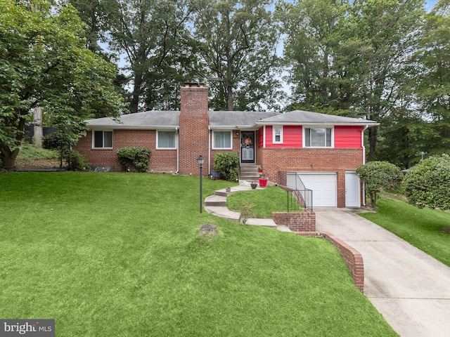 3807 24th Ave, Temple Hills, MD 20748 - view of front facade featuring brick siding, a chimney, an attached garage, concrete driveway, and a front lawn