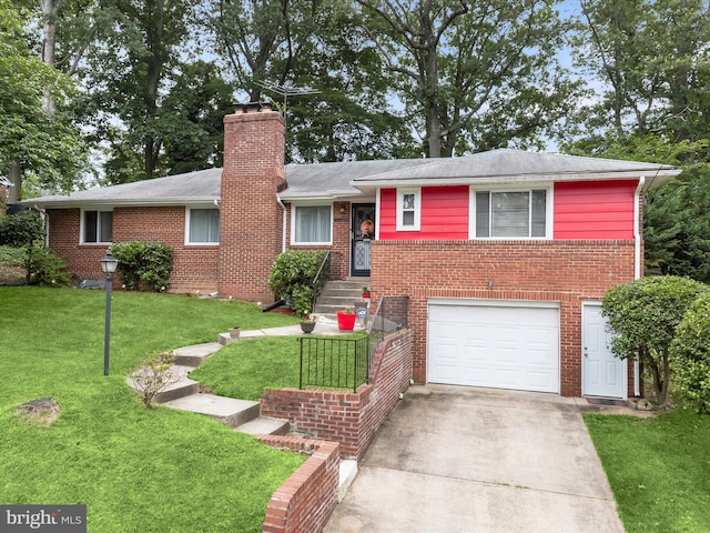 3807 24th Ave, Temple Hills, MD 20748 - view of front of property with a garage, a chimney, concrete driveway, a front yard, and brick siding