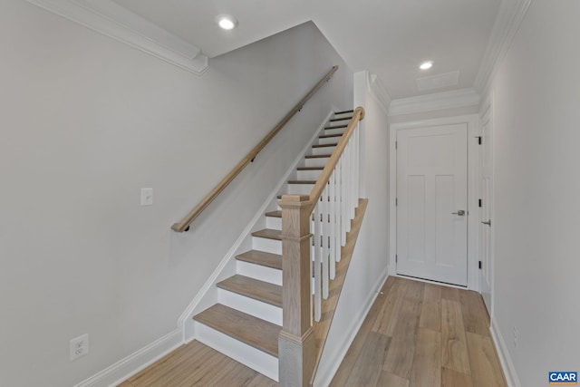 770 Park Ridge Dr, Crozet, VA 22932 - staircase featuring wood finished floors, crown molding, baseboards, and recessed lighting