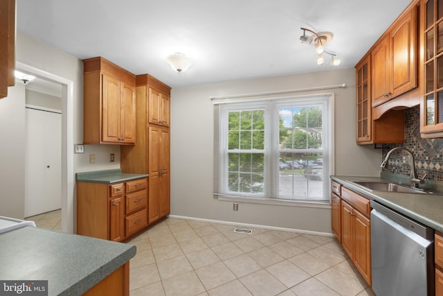 2893 Sutton Oaks Ln, Vienna, VA 22181 - kitchen with dishwasher, a sink, decorative backsplash, glass insert cabinets, and brown cabinets
