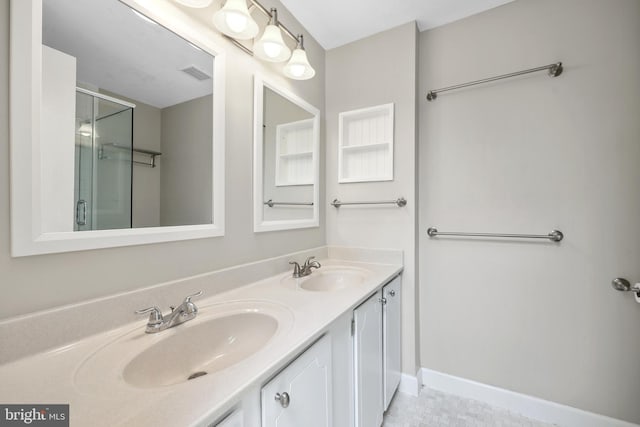 2893 Sutton Oaks Ln, Vienna, VA 22181 - full bathroom with double vanity, an enclosed shower, and baseboards