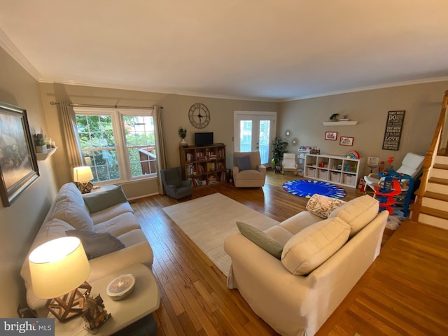 2893 Sutton Oaks Ln, Vienna, VA 22181 - living room with wood-type flooring, crown molding, and stairs
