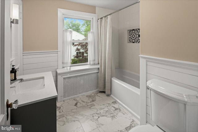 14 Willow Rd, Lawrenceville, NJ 08648 - full bath featuring marble look tile flooring, vanity, shower / tub combo with curtain, radiator, and wainscoting