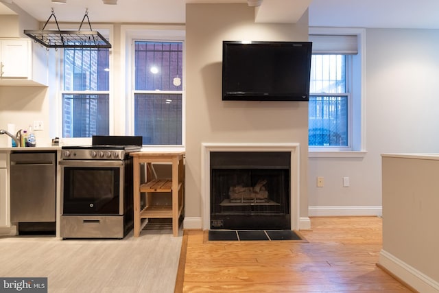 1731 Willard St NW Unit 102, Washington, DC 20009 - living room with wood finished floors, baseboards, and a fireplace with flush hearth