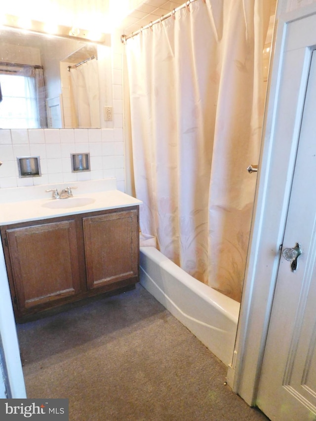 1216 23rd Ave, Altoona, PA 16601 - bathroom with shower / bath combination with curtain, vanity, and backsplash