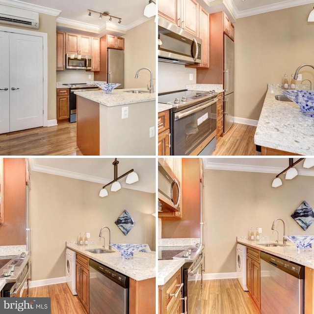1121 24th St NW Unit 309, Washington, DC 20037 - kitchen with stainless steel appliances, light wood-style flooring, a wall mounted AC, a sink, and ornamental molding