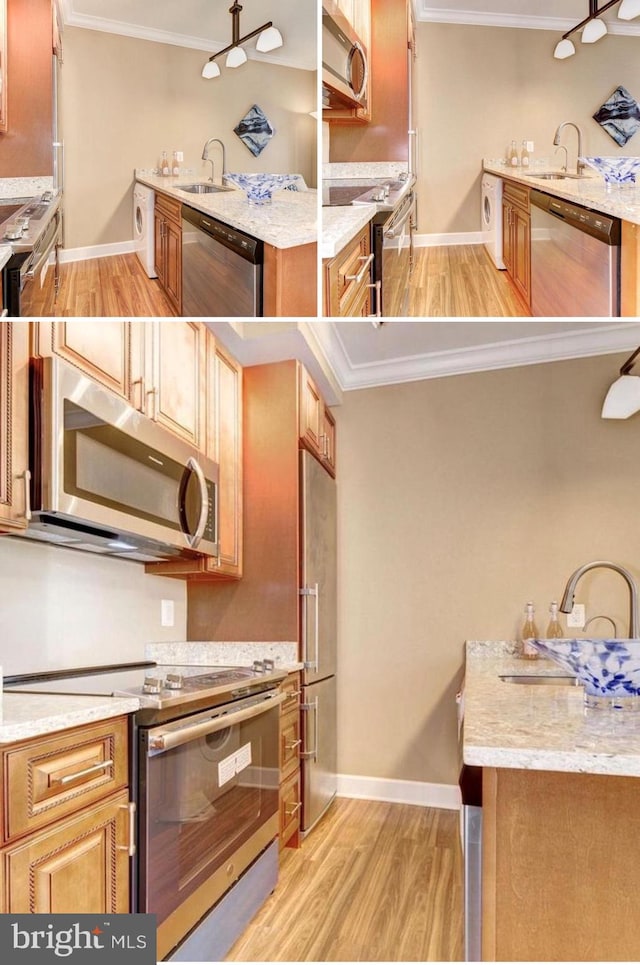 1121 24th St NW Unit 309, Washington, DC 20037 - kitchen with appliances with stainless steel finishes, light wood-style flooring, crown molding, a sink, and baseboards