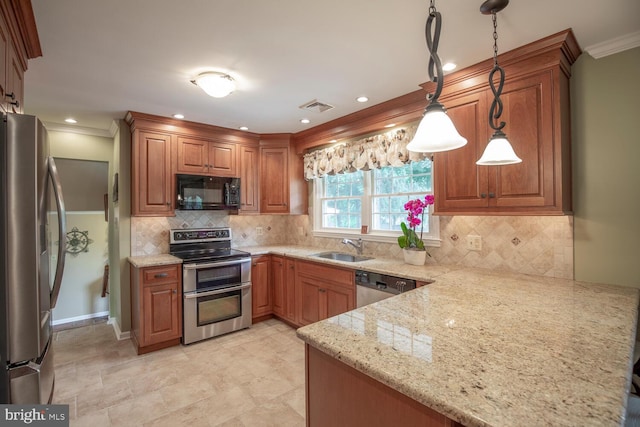 128 Cherry Ln, Doylestown, PA 18901 - kitchen with stainless steel appliances, a sink, a peninsula, brown cabinetry, and crown molding