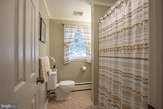 128 Cherry Ln, Doylestown, PA 18901 - bathroom featuring toilet, baseboards, ornamental molding, curtained shower, and a baseboard heating unit