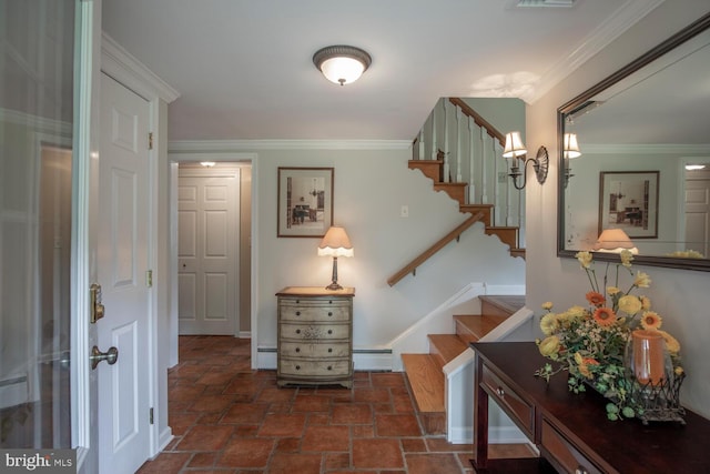 128 Cherry Ln, Doylestown, PA 18901 - corridor with stairs, stone finish flooring, a baseboard heating unit, ornamental molding, and baseboards