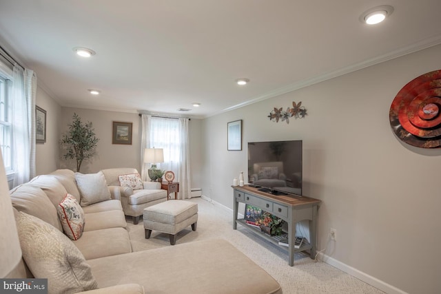 128 Cherry Ln, Doylestown, PA 18901 - living room with crown molding, light carpet, baseboards, a baseboard radiator, and recessed lighting