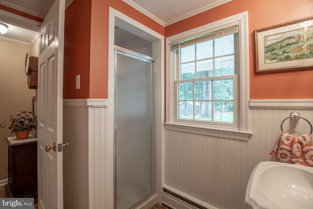128 Cherry Ln, Doylestown, PA 18901 - full bathroom featuring wainscoting, ornamental molding, and a shower stall