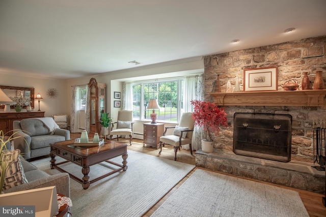 128 Cherry Ln, Doylestown, PA 18901 - living room with wood finished floors, a stone fireplace, ornamental molding, and baseboard heating