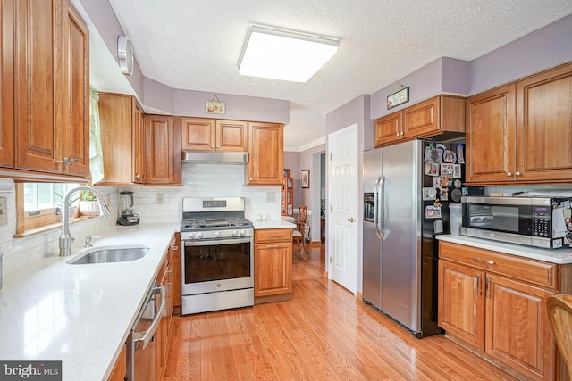 618 Walden Way, Lumberton, NJ 08048 - kitchen featuring appliances with stainless steel finishes, a sink, under cabinet range hood, light wood-style floors, and brown cabinetry