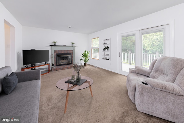 2 Stretch Dr, Mullica Hill, NJ 08062 - living area with carpet, a brick fireplace, and baseboards