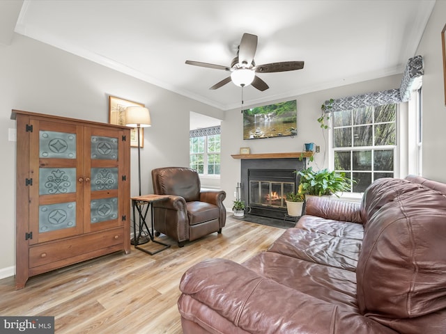 6290 Pinyon Pine Ct, Eldersburg, MD 21784 - living room with light wood-style floors, a fireplace with flush hearth, ceiling fan, and ornamental molding