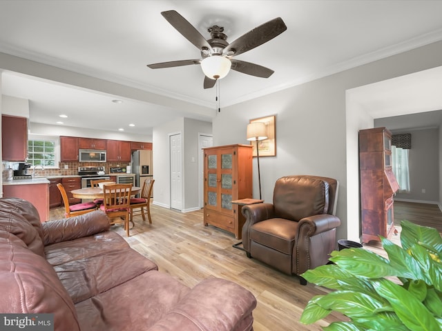 6290 Pinyon Pine Ct, Eldersburg, MD 21784 - living area with light wood-style flooring, a ceiling fan, ornamental molding, and recessed lighting