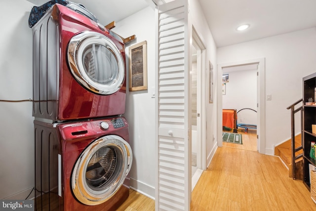 801 N 16th St Unit 1, Philadelphia, PA 19130 - washroom featuring stacked washer / drying machine, wood finished floors, baseboards, and recessed lighting