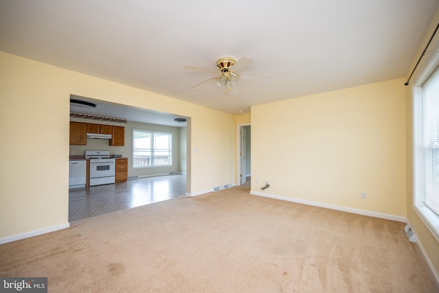 386 Marlin Savage Rd, Accident, MD 21520 - unfurnished living room with light carpet, a ceiling fan, and baseboards