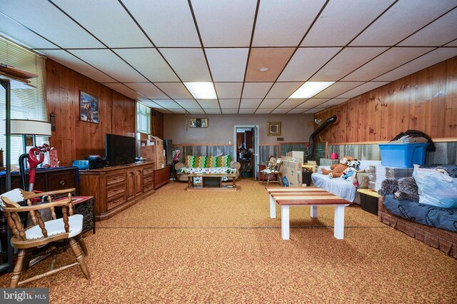 374 Fisher Dam Rd, Hamburg, PA 19526 - carpeted living area with wooden walls and a drop ceiling