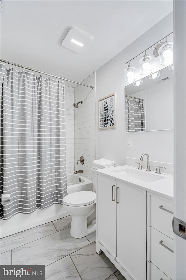 10 Taxi Way, Baltimore, MD 21220 - bathroom with vanity, marble look tile flooring, toilet, and shower / tub combo with curtain