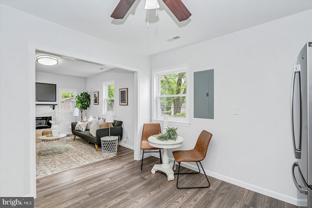 10 Taxi Way, Baltimore, MD 21220 - dining area featuring electric panel, ceiling fan, wood finished floors, and plenty of natural light