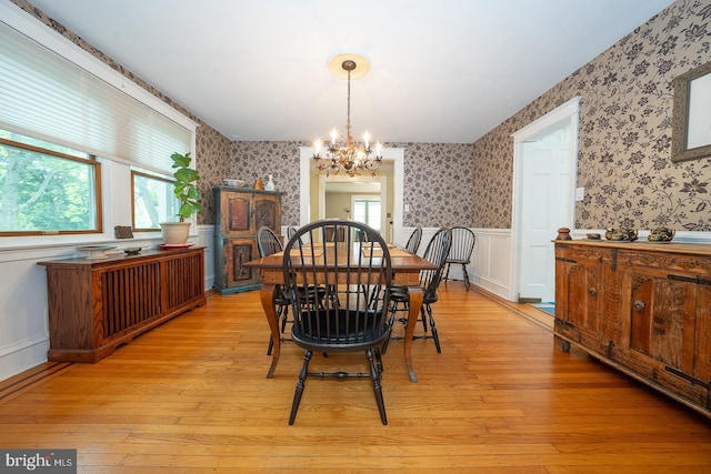 8317 High School Rd, Elkins Park, PA 19027 - dining room with wallpapered walls, a chandelier, light wood-style flooring, and wainscoting