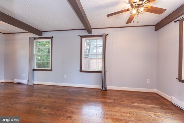 204 W Irvin Ave W, Hagerstown, MD 21742 - empty room with beamed ceiling, wood finished floors, baseboard heating, a ceiling fan, and crown molding